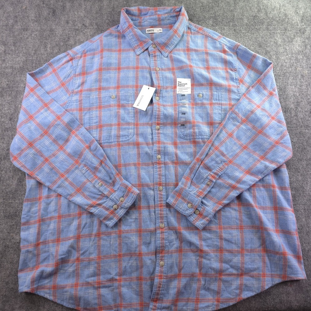 New Sonoma Shirt 3XB Supersoft Flannel Red Blue Plaid Double Brushed Button Up - Picture 1 of 8